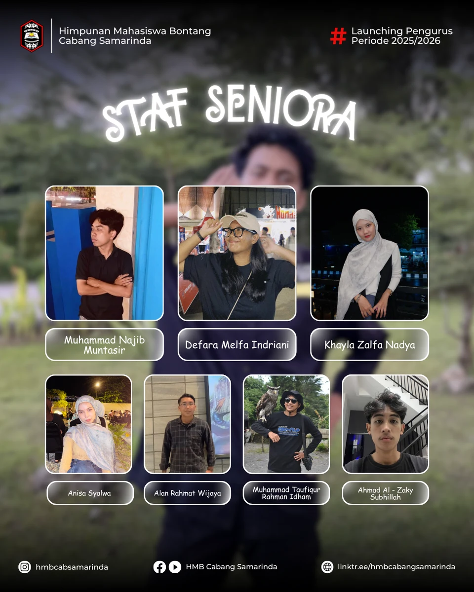 Poster Launching Pengurus HMB Cabang Samarinda periode 2025/2026: Staf Departemen SENIORA