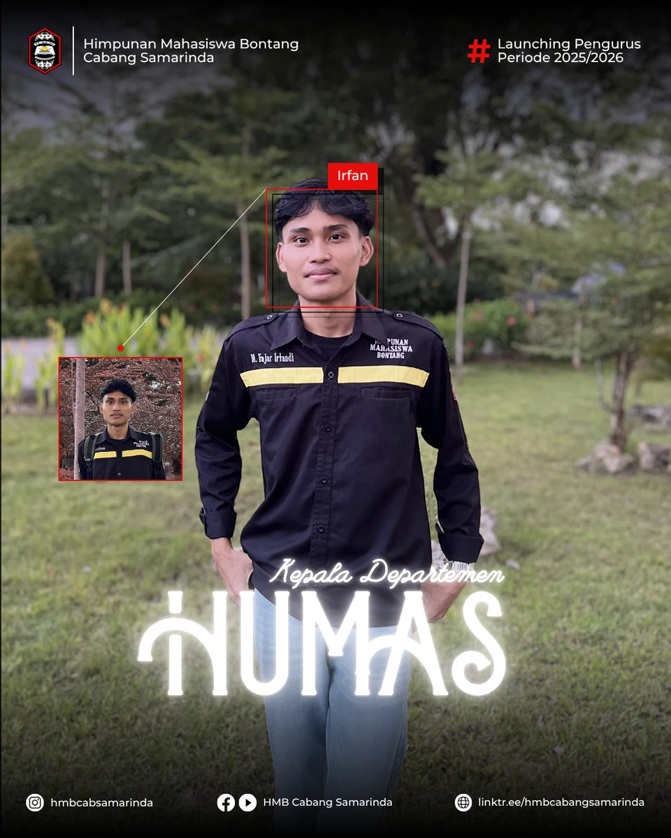 Poster Launching Pengurus HMB Cabang Samarinda periode 2025/2026: Kepala Departemen HUMAS